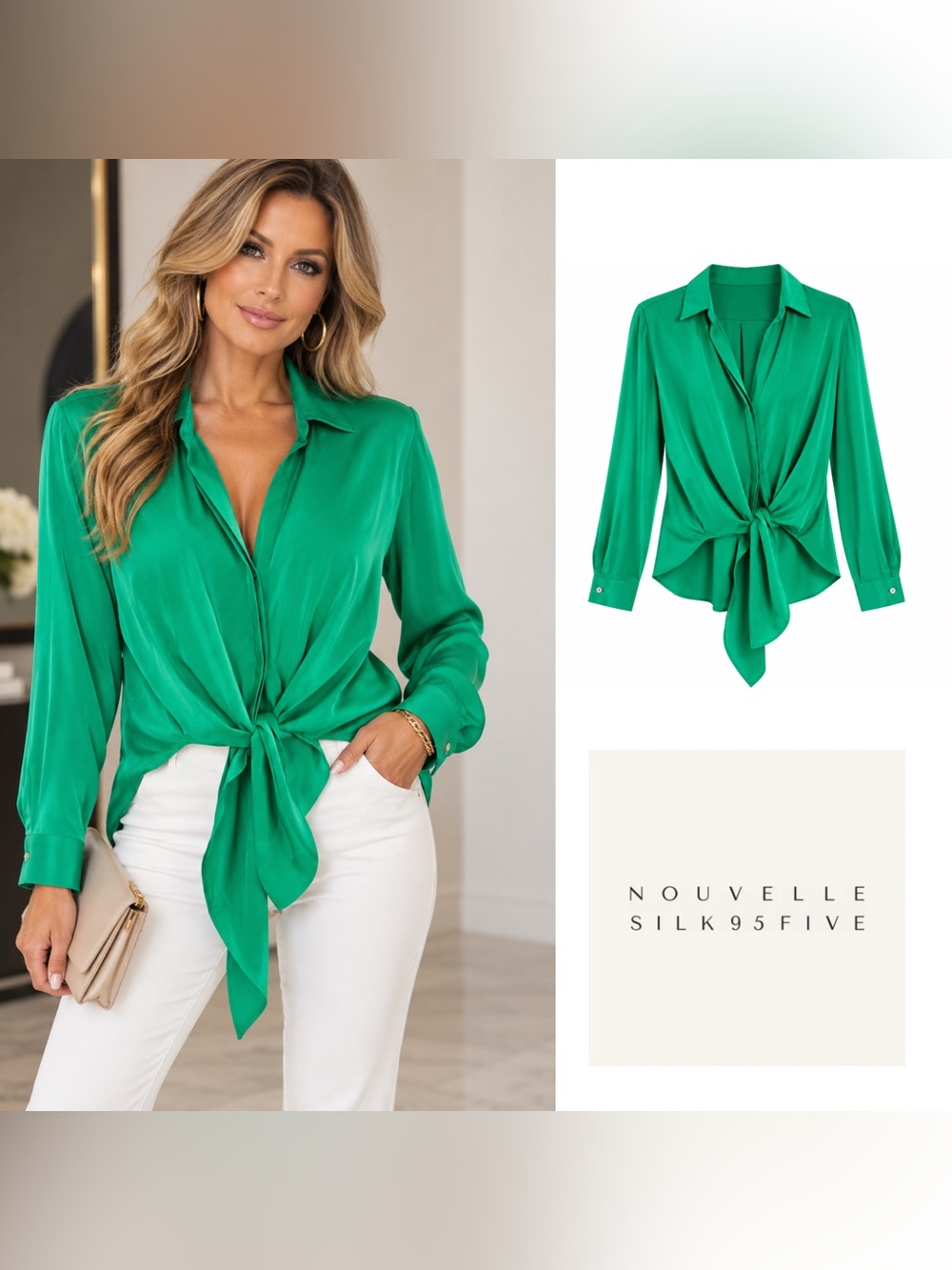 Nouvelle Silk95 five Thia Tie-Front Blouse - Green
